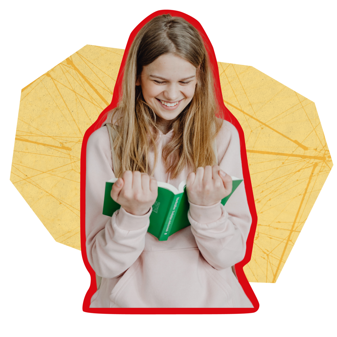 Glad flicka som håller i en bok