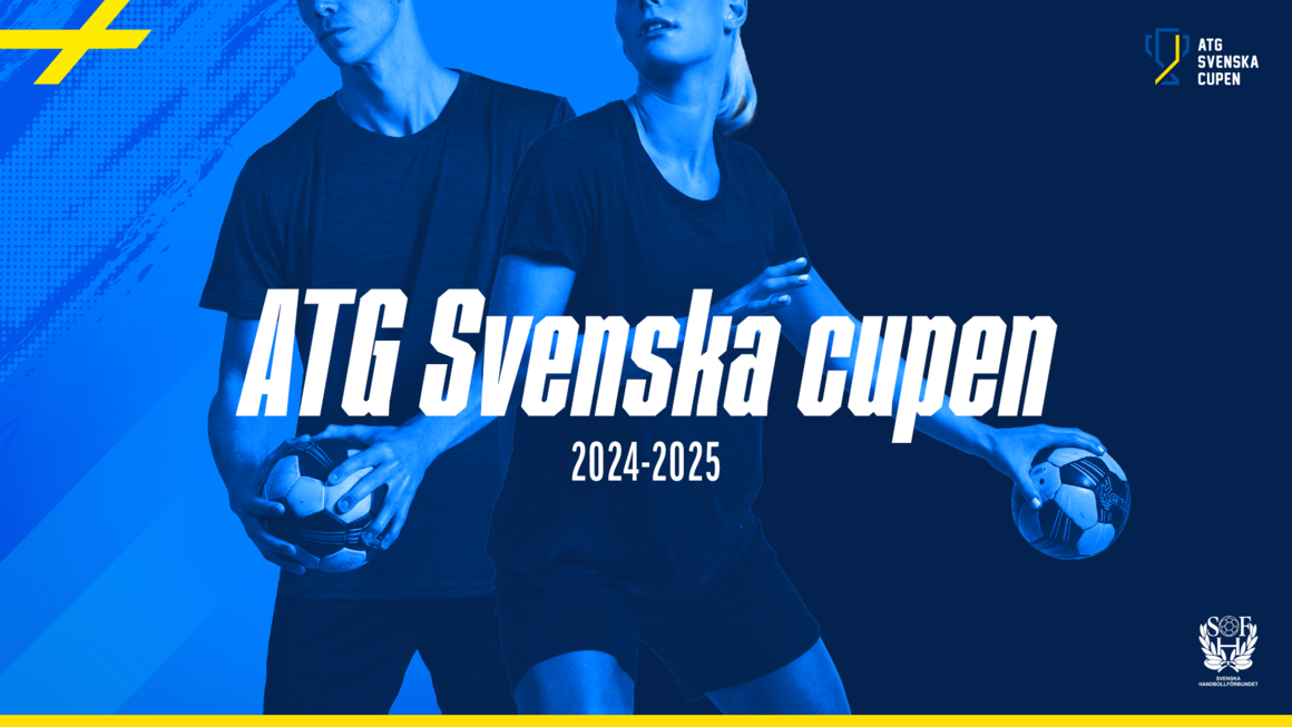 en bild på två handbollsspelare som håller i var sin boll och de är grafiskt tonade blå, framför dem står en text ATG Svenska Cupen 2024-2025