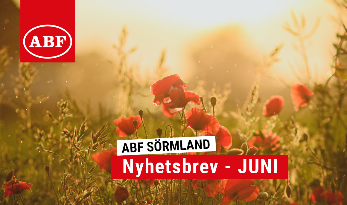 Jordgubbar med texten "juli" ovanpå och ABF:s logga i vänstra hörnet