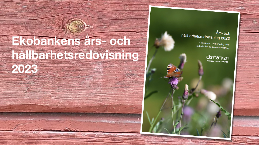 Ekobankens årsredovisning 2023 med bild på en fjäril på en sommaräng